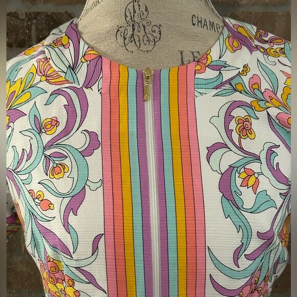 Trina Turk $328 floral arboretum pastel orange purple mini dress sz 4 cotton - Picture 5 of 11